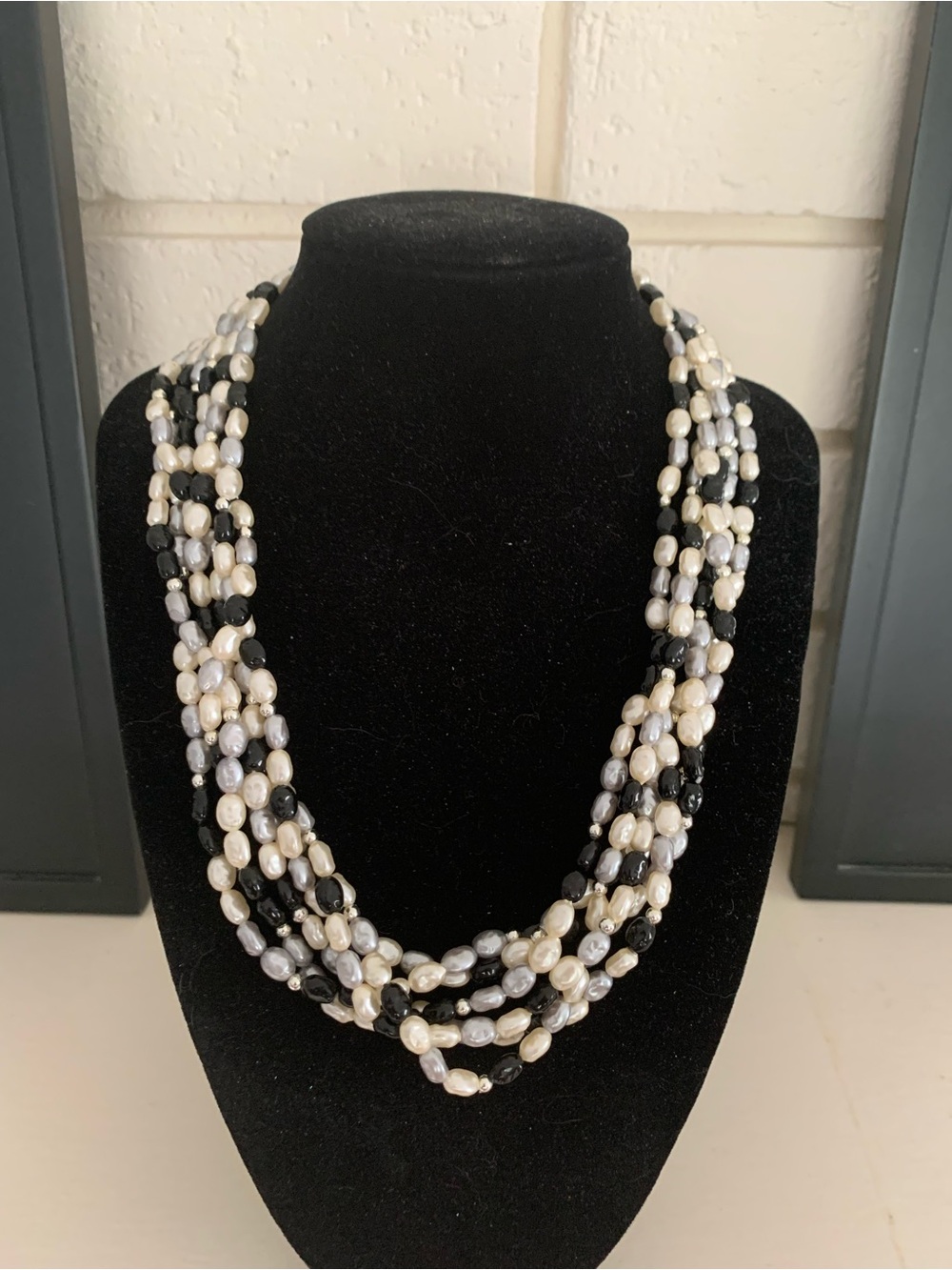 Multi-Strand White, Gray and Black Freshwater Rice Pearl Necklace